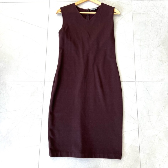 VINCE Brown Burgundy Viscose Blend Sleeveless Cocktail Sheath Midi Dress Sz 12 - Picture 9 of 14